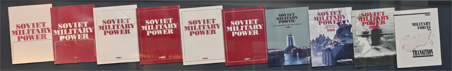 Image of
            published Soviet Military Power books in a horizontal row