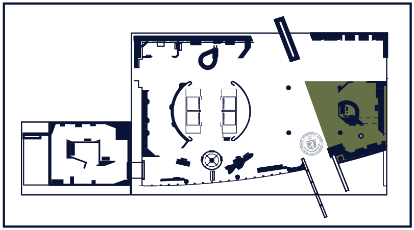 An image of a top-down floor plan with a section on the right filled in with color indicating the section in relation