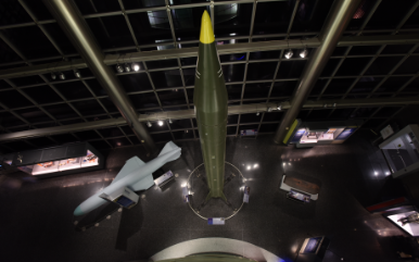 Image of a missile inside of a building from a high viewpoint.