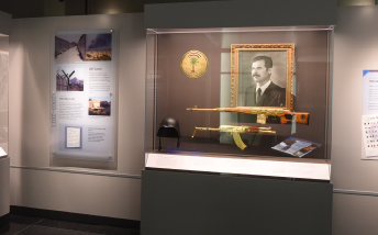 Image of a display showing a golden assault rifle.