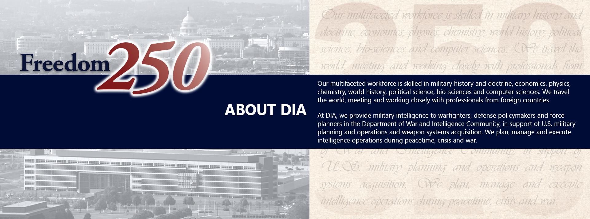 Freedom 250 About DIA banner featuring the U.S. Capitol, an agency building, and text detailing the agency's multifaceted workforce and mission to provide military intelligence.