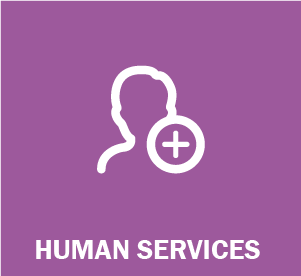 Image of white graphic on purple background. Title. Human Services.