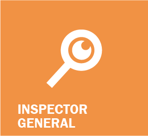 Image of white graphic on orange background. Title. Inspector General.