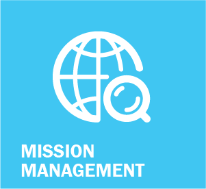 Image of white graphic on a light blue background. Title. Mission Management.