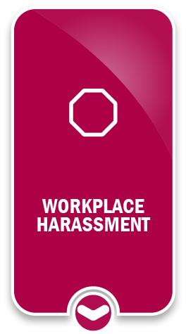 Image of white graphic on red background. Title. Workplace Harassment.