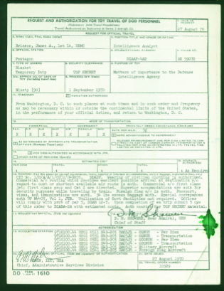 A Request and Authorization for TDY Travel of DoD Personnel document for James A. Brinson, 1st Lt, USMC, dated 27 August 1970, for matters of importance to the Defense Intelligence Agency.