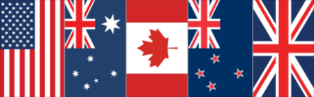 Image of United States, Austrialian, Canadian, New Zealand, and British flags.