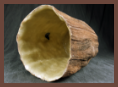 The hollowed-out interior of a tree stump concealment device, showing the smooth, light-colored inner surface.