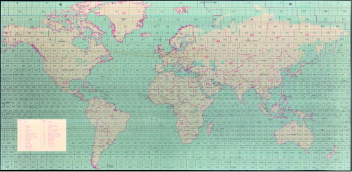 A world map overlaid with a grid system, dividing the globe into numbered rectangular zones for intelligence or military analysis.