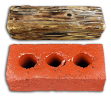 A composite image displaying two concealment devices. The top object is disguised as a small wooden log. The bottom object is a red brick with three cylindrical holes, designed to house surveillance equipment.