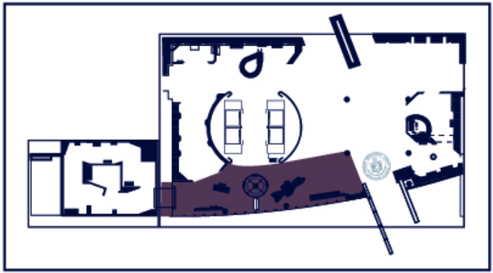 An image of a top-down floor plan with a section on the right filled in with color indicating the section in relation