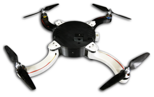 A quadcopter drone with a black central body, two black arms, and two white arms, is displayed against a black background. Each arm is equipped with a motor and a two-bladed propeller.