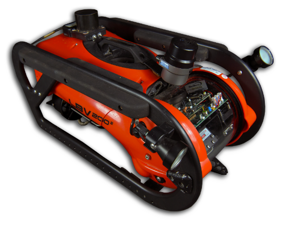 An orange and black LBV200 remotely operated vehicle (ROV). The device features a protective frame, external lights, sensors, and a clear rear dome revealing its internal electronics.
