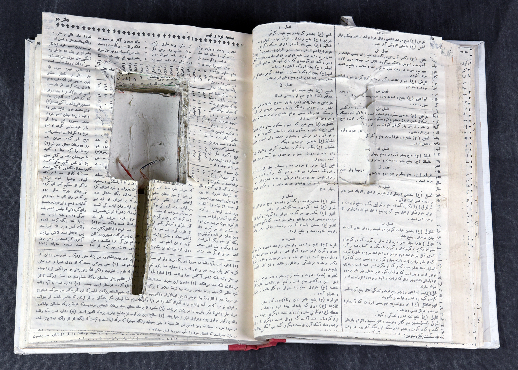 Image of an open book with a cut out section to hide items.