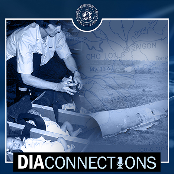 Image of a blue background with a title. D.I.A. Connections. Subtitle. Season 3. Episode 1. Surrounding an image on the right of an aircrew female, tending to a row of infants, with an fadded image of a map that shows Vietnam, and a plane crash below. On the left side is white text that reads. Operation Babylift. Tragedy and triumph. Joined by a button that reads. Listen Now.