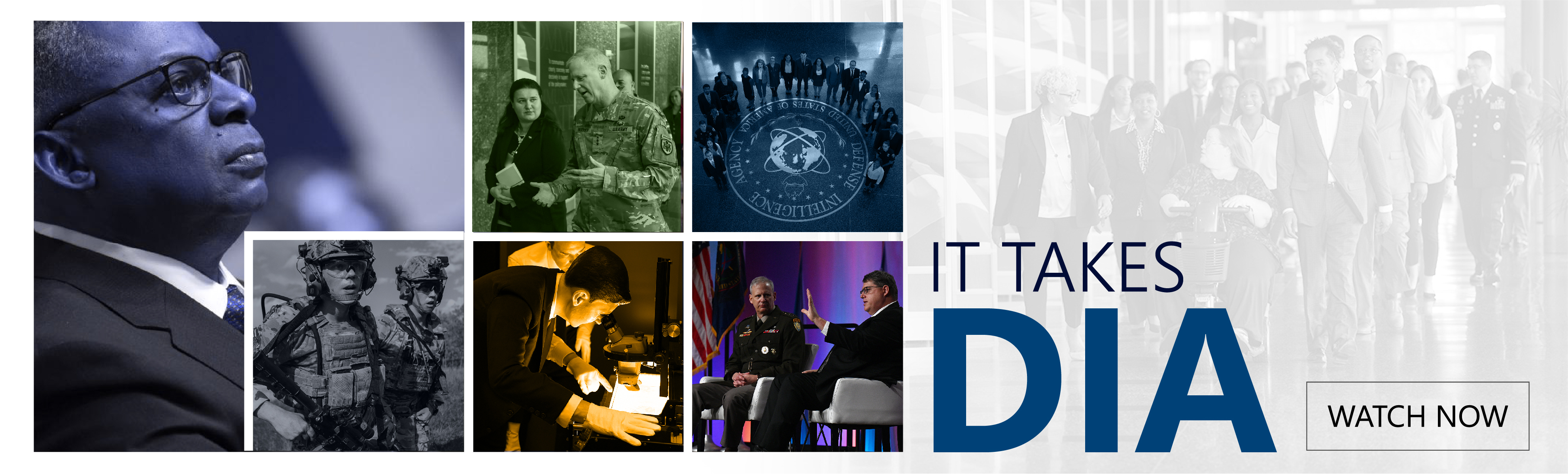 Feature graphic image of 6 images collaged together on the upper portion of people in different settings with a fadded image below with the words. It Takes D.I.A. and a button that reads. Watch Now