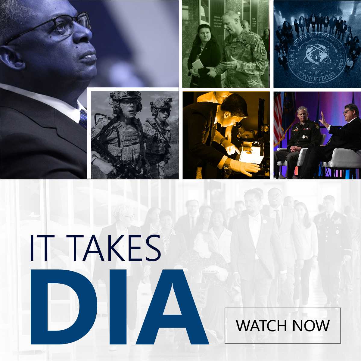 Feature graphic image of 6 images collaged together on the upper portion of people in different settings with a fadded image below with the words. It Takes D.I.A. and a button that reads. Watch Now