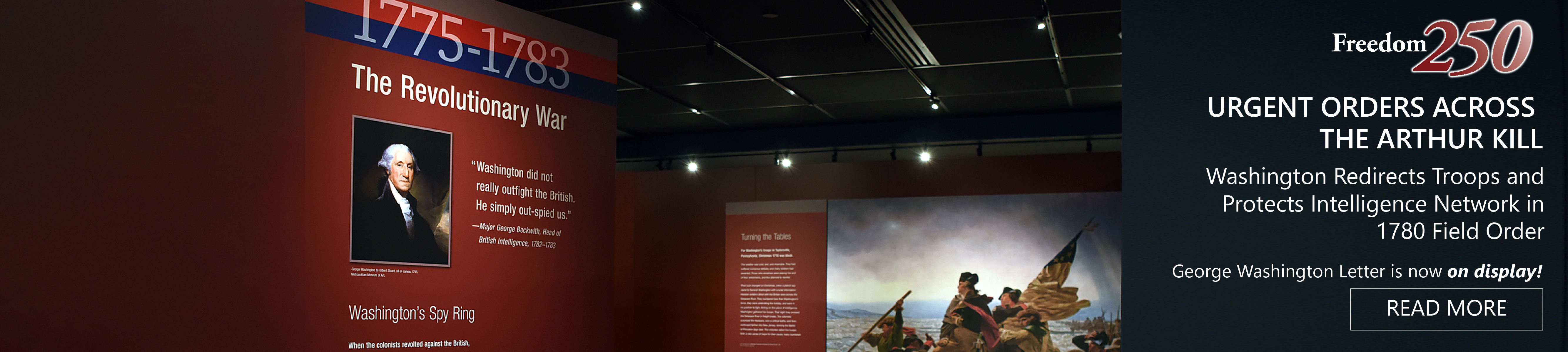 Promotional graphic for a Revolutionary Intelligence museum exhibit featuring George Washington, highlighting newly displayed espionage letters.