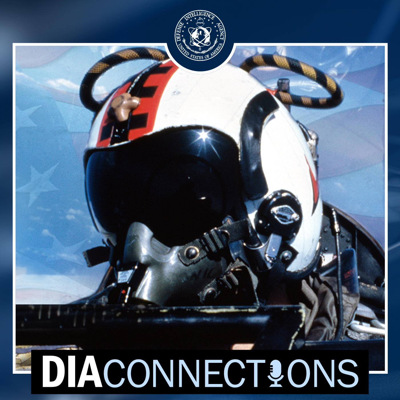 Image of a fighter pilot with helmet on inside of an aircraft. Main title on the left is D.I.A. Connections. Subtitle. Season 2. Episode 7. Bolded Title. Top Gun. A button below reads. Listen Now