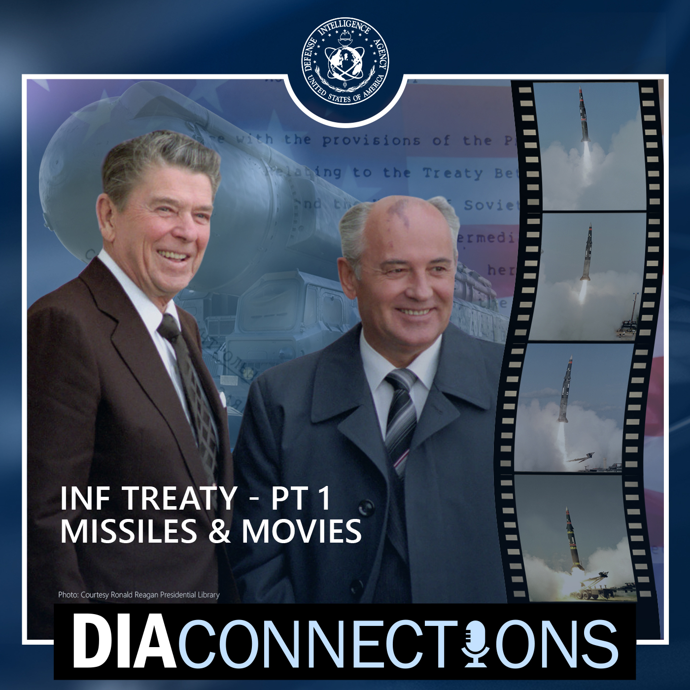Image portait of Ronald Reagan and Mikhail Gorbachev with film pictures of a missile launching.