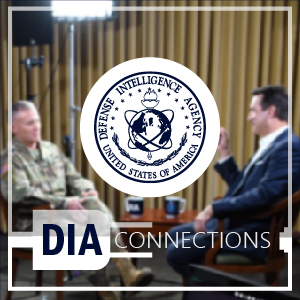Blurred image of two men in an interview talking with D-I-A Seal and title. D-I-A Connections.