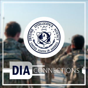 Blurred image of uniformed memebers with D-I-A Seal and title. D-I-A Connections.